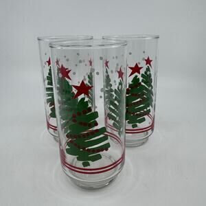 Set of 3 Libbey Scribble Christmas Tree Glasses Clear Glassware Winter Holiday